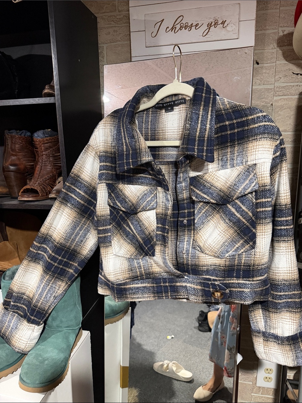 HYFVE Navy and Cream Plaid Cropped Utility Jacket